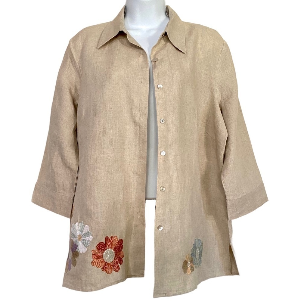 Tan Linen Button-down Top Sz Large Embroidered Floral Lagenlook Shirt Blouse - Picture 3 of 15